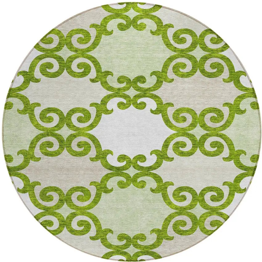 8' Lime Green And Ivory Round Trellis Washable Indoor Outdoor Area Rug Photo 5