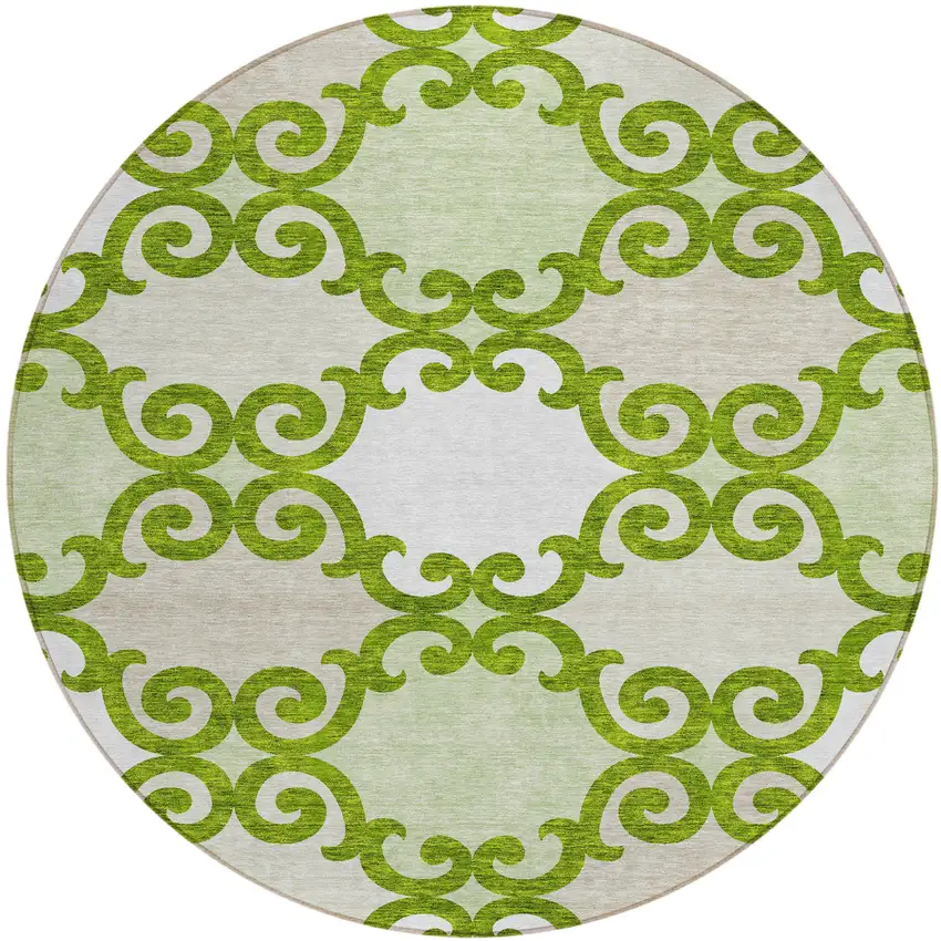 8' Lime Green And Ivory Round Trellis Washable Indoor Outdoor Area Rug Photo 2