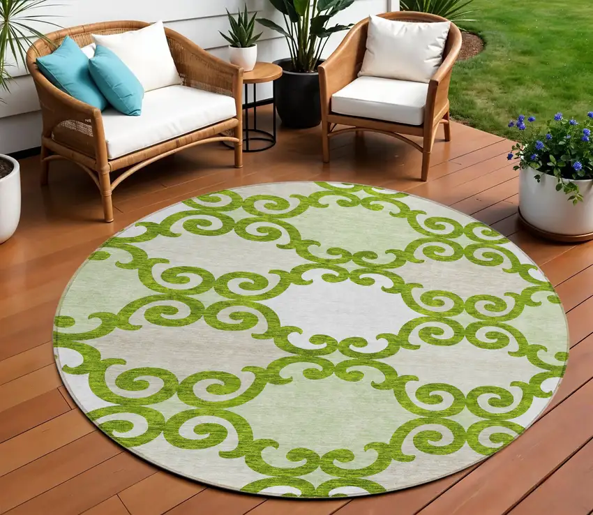 8' Lime Green And Ivory Round Trellis Washable Indoor Outdoor Area Rug Photo 1