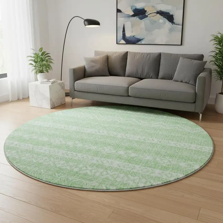 8' Lime Green And Ivory Southwestern Washable Round Rug With UV Protection Photo 2