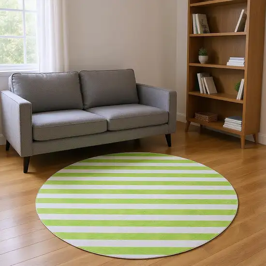 8' Lime Green And Ivory Striped Washable Round Rug With UV Protection Photo 2