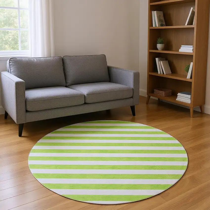 8' Lime Green And Ivory Striped Washable Round Rug With UV Protection Photo 2