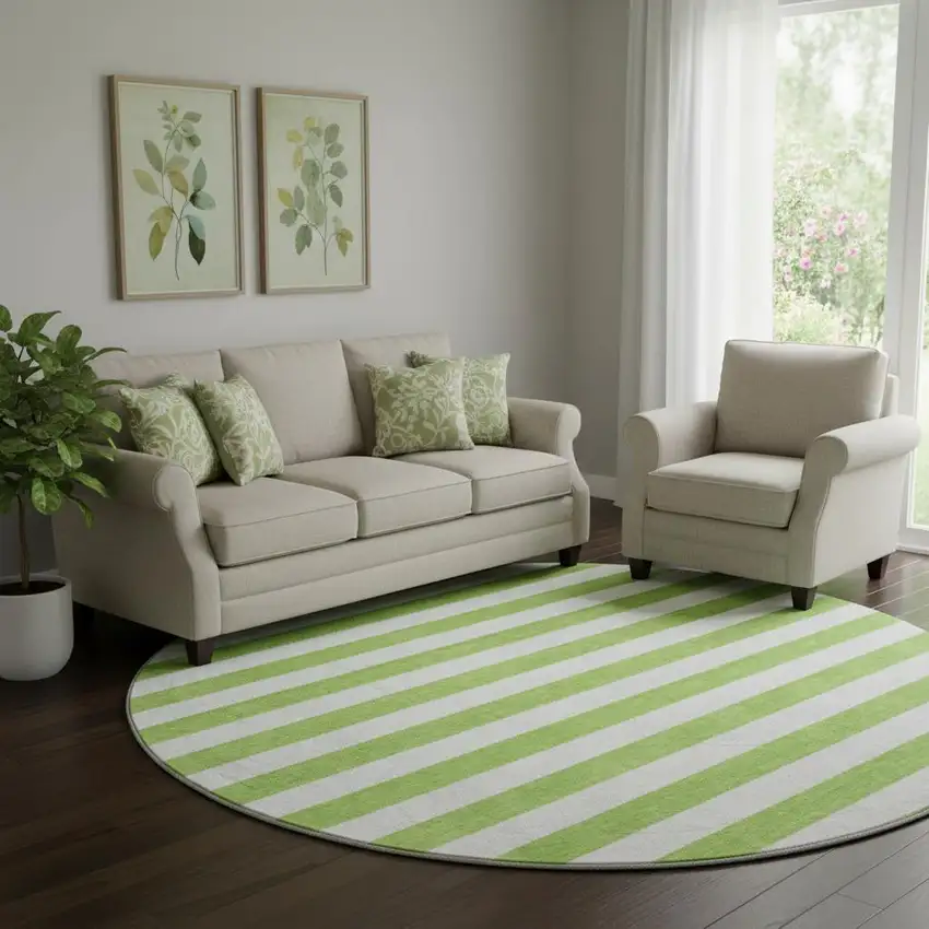 8' Lime Green And Ivory Striped Washable Round Rug With UV Protection Photo 1