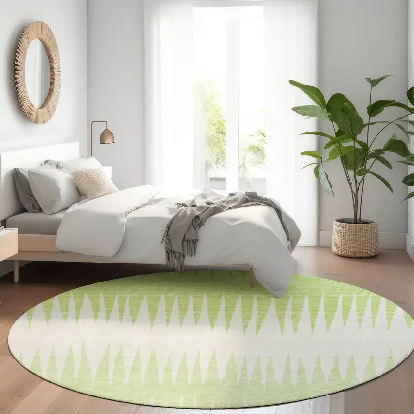 8' Lime Green And Ivory Striped Washable Round Rug With UV Protection Photo 5