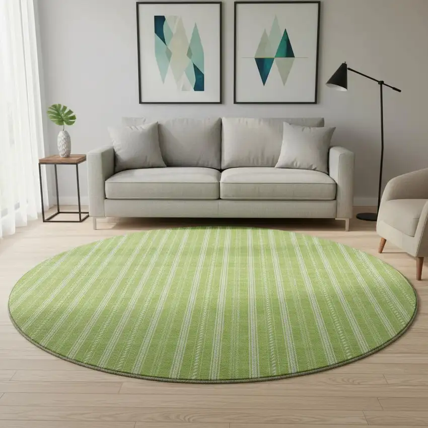 8' Lime Green And Ivory Striped Washable Round Rug With UV Protection Photo 2