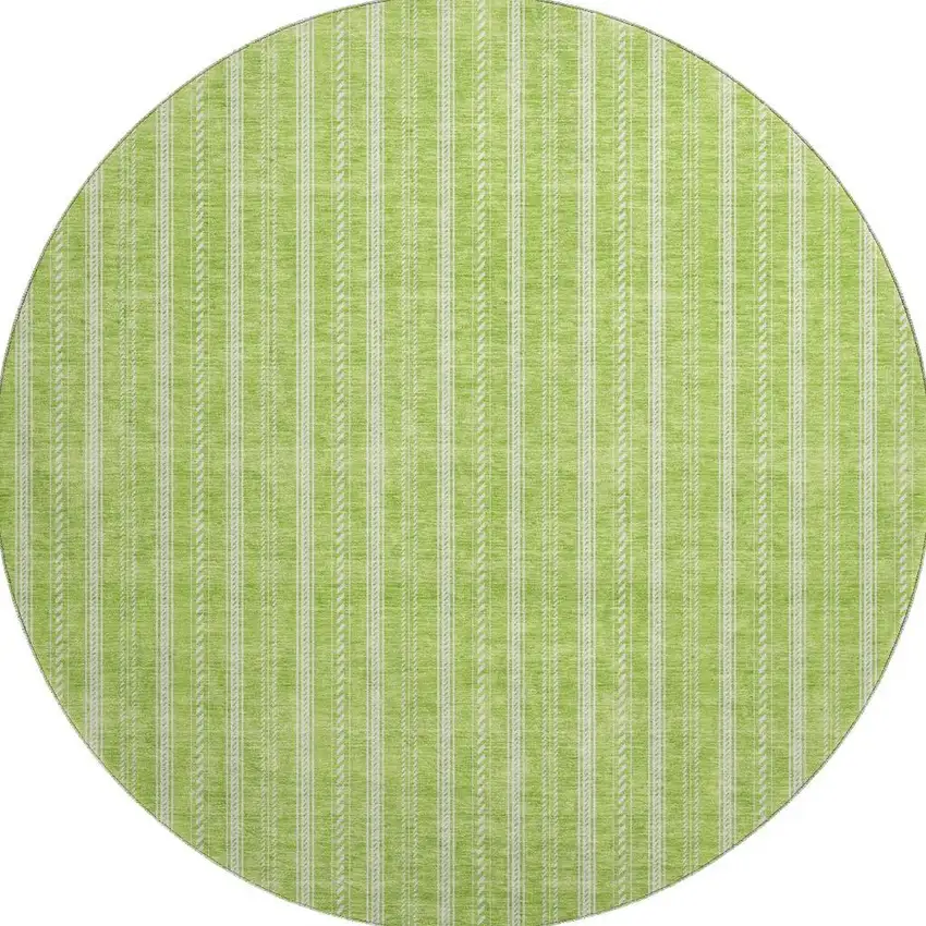 8' Lime Green And Ivory Striped Washable Round Rug With UV Protection Photo 3