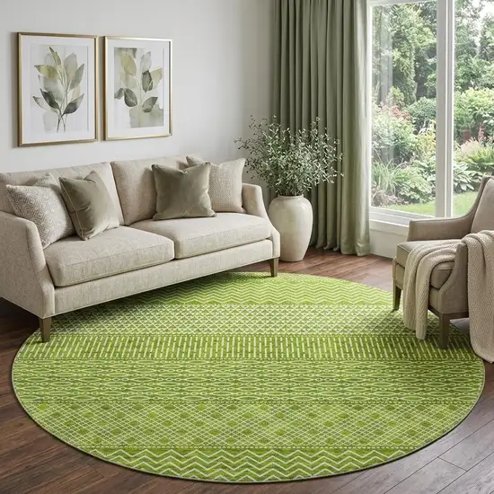 8' Lime Green And Ivory Striped Washable Round Rug With UV Protection Photo 1