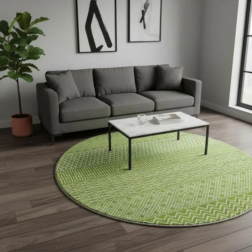 8' Lime Green And Ivory Striped Washable Round Rug With UV Protection Photo 2