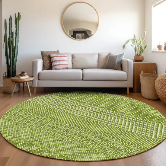 8' Lime Green And Ivory Striped Washable Round Rug With UV Protection Photo 4