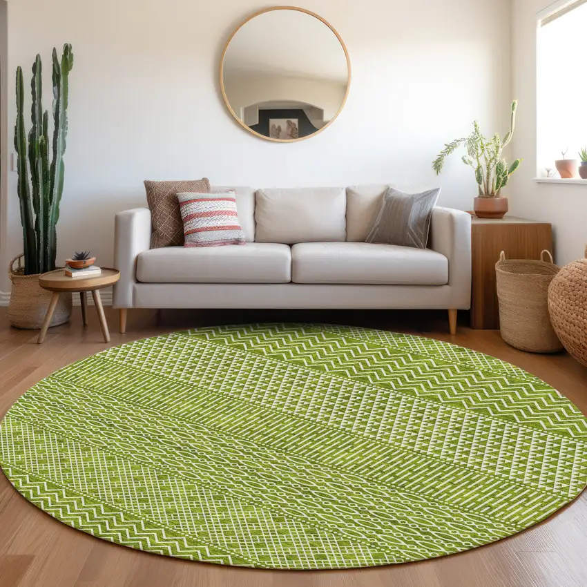 8' Lime Green And Ivory Striped Washable Round Rug With UV Protection Photo 4