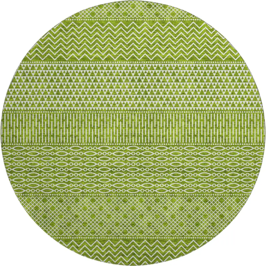 8' Lime Green And Ivory Striped Washable Round Rug With UV Protection Photo 1