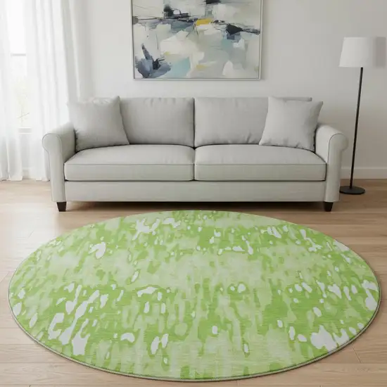 8' Lime Green And Ivory Striped Washable Round Rug With UV Protection Photo 2