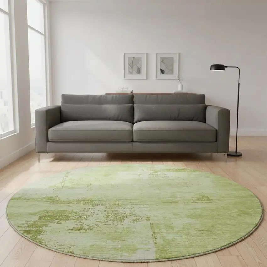 8' Lime Green And Olive Green Abstract Washable Round Rug With UV Protection Photo 2
