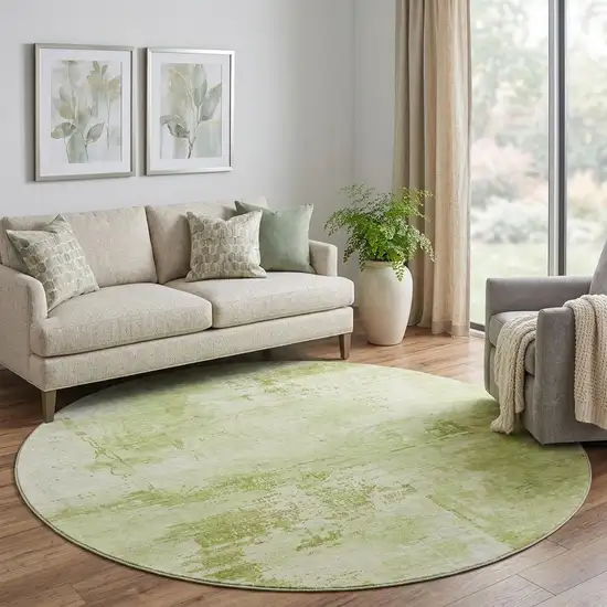 8' Lime Green And Olive Green Abstract Washable Round Rug With UV Protection Photo 1