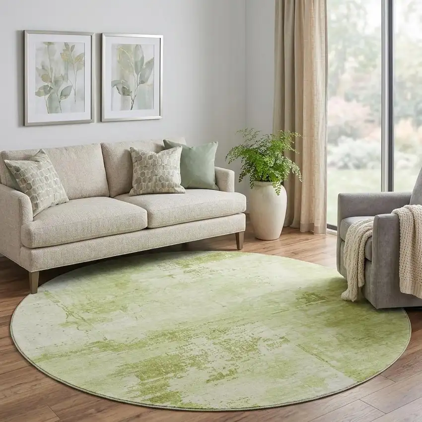 8' Lime Green And Olive Green Abstract Washable Round Rug With UV Protection Photo 1