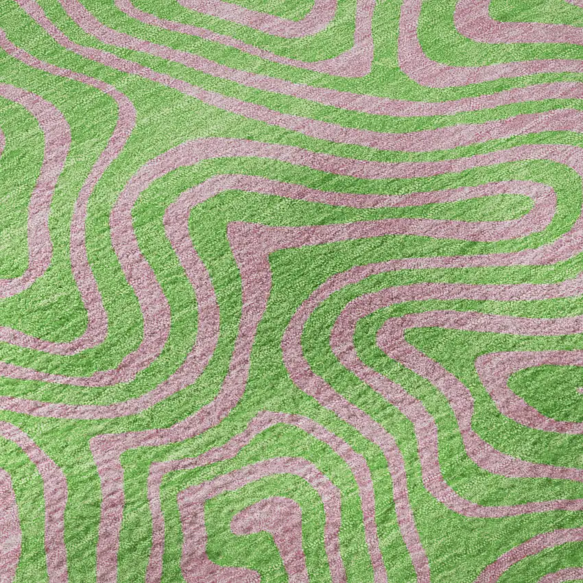 8' Lime Green And Pink Abstract Washable Round Rug With UV Protection Photo 8