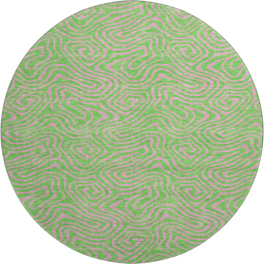 8' Lime Green And Pink Abstract Washable Round Rug With UV Protection Photo 1
