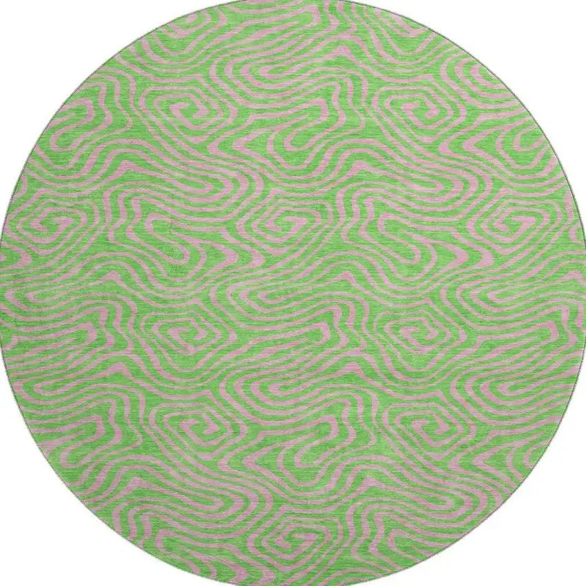 8' Lime Green And Pink Abstract Washable Round Rug With UV Protection Photo 2