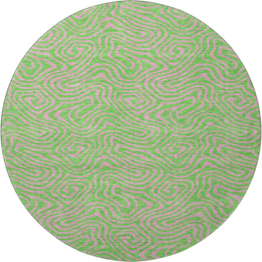 8' Lime Green And Pink Abstract Washable Round Rug With UV Protection Photo 3