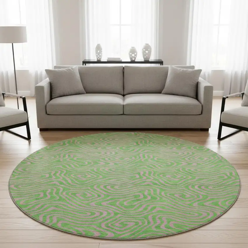 8' Lime Green And Pink Abstract Washable Round Rug With UV Protection Photo 2