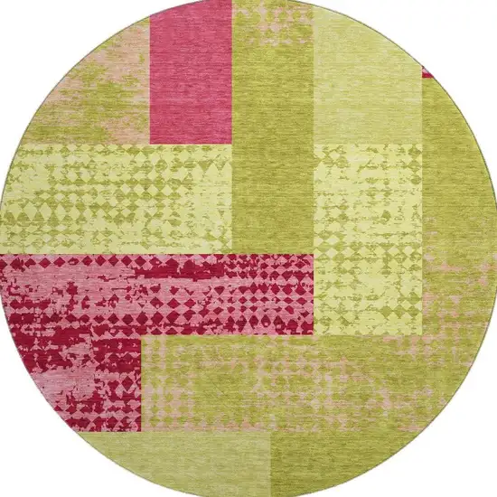 8' Lime Green And Pink Geometric Washable Round Rug With UV Protection Photo 3