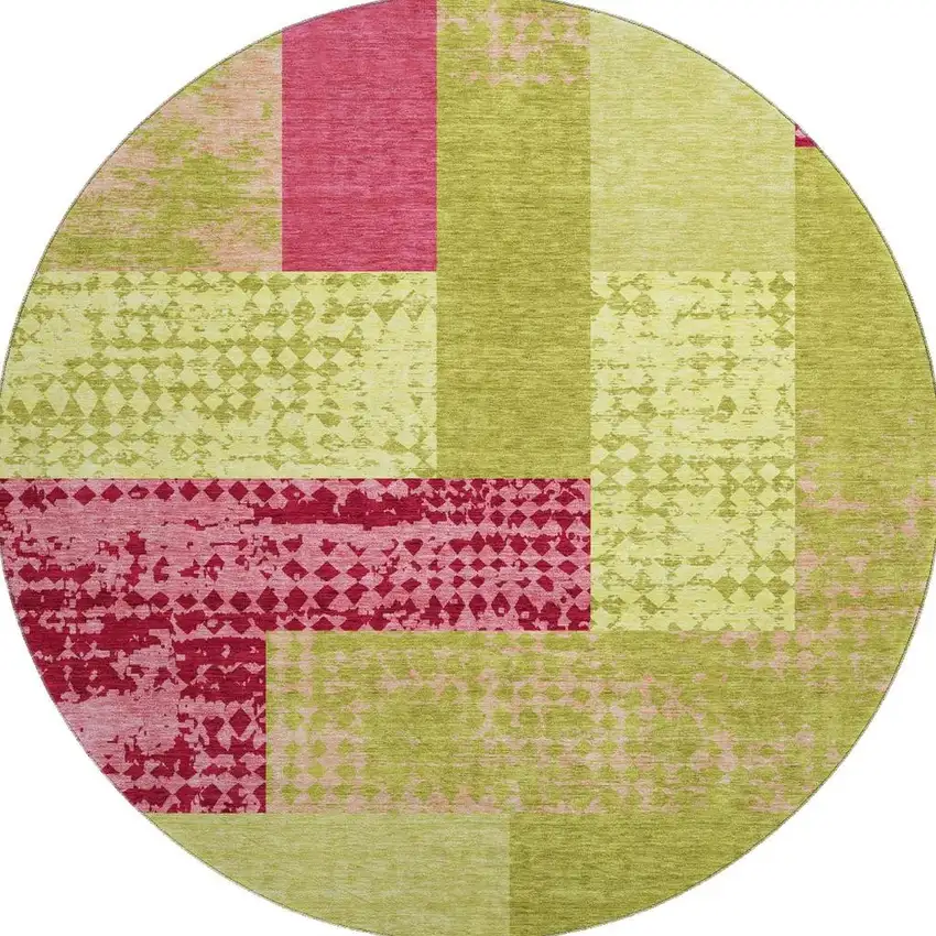 8' Lime Green And Pink Geometric Washable Round Rug With UV Protection Photo 3