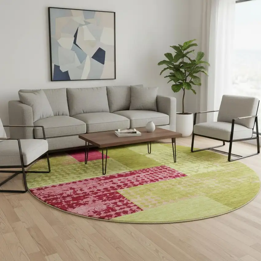 8' Lime Green And Pink Geometric Washable Round Rug With UV Protection Photo 2