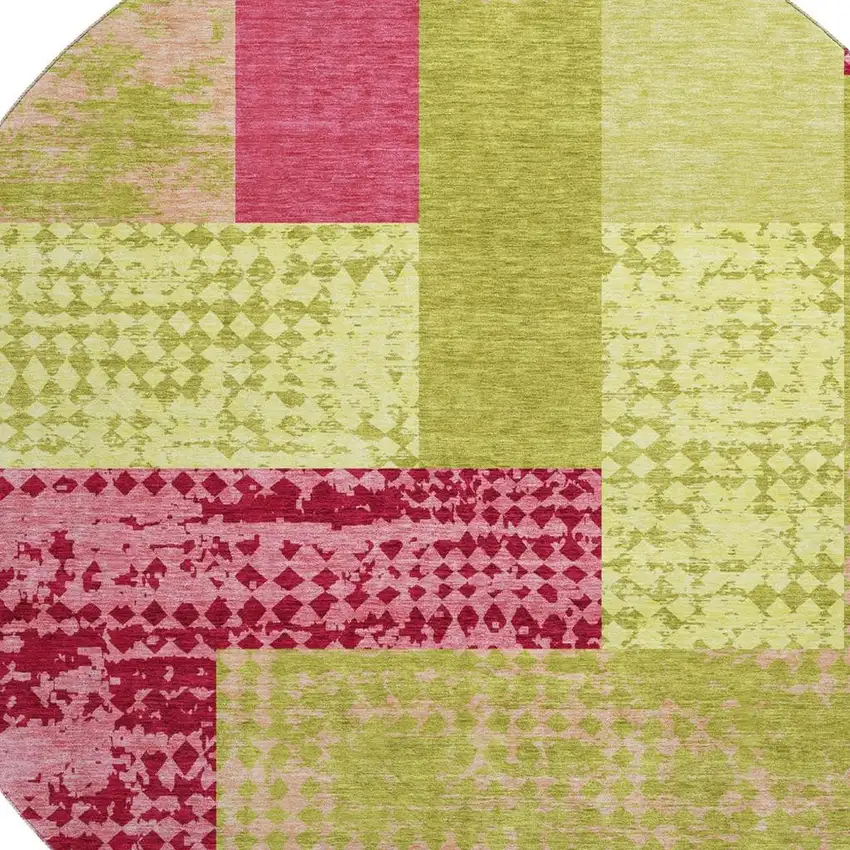 8' Lime Green And Pink Geometric Washable Round Rug With UV Protection Photo 2