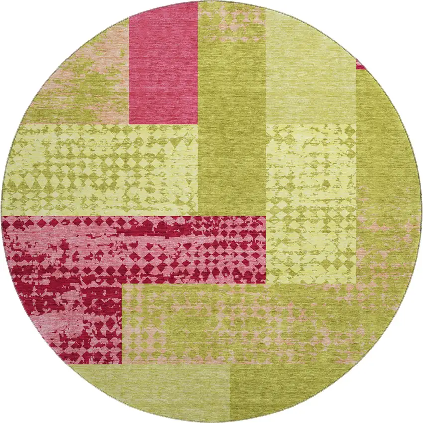 8' Lime Green And Pink Geometric Washable Round Rug With UV Protection Photo 1