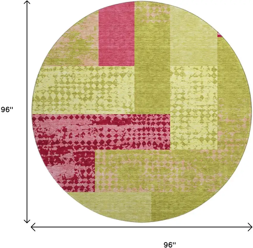 8' Lime Green And Pink Geometric Washable Round Rug With UV Protection Photo 9