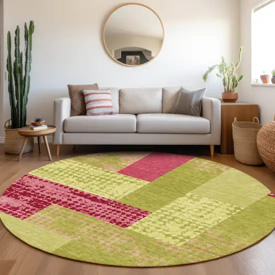 8' Lime Green And Pink Geometric Washable Round Rug With UV Protection Photo 4