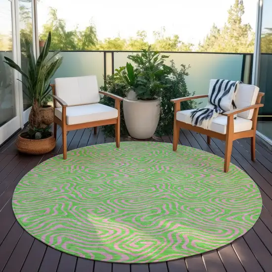 8' Lime Green And Pink Round Abstract Washable Indoor Outdoor Area Rug Photo 6