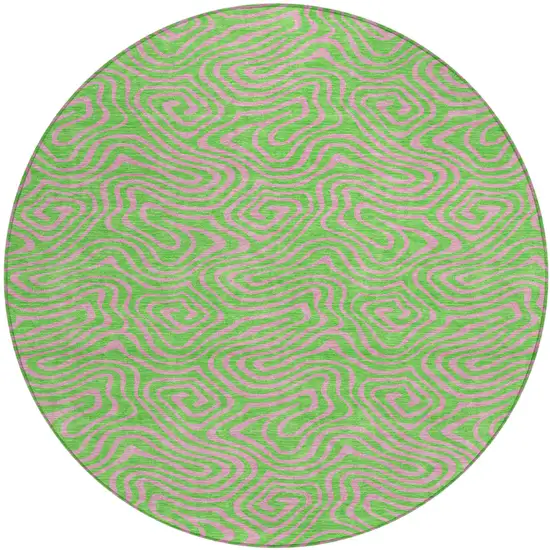 8' Lime Green And Pink Round Abstract Washable Indoor Outdoor Area Rug Photo 2
