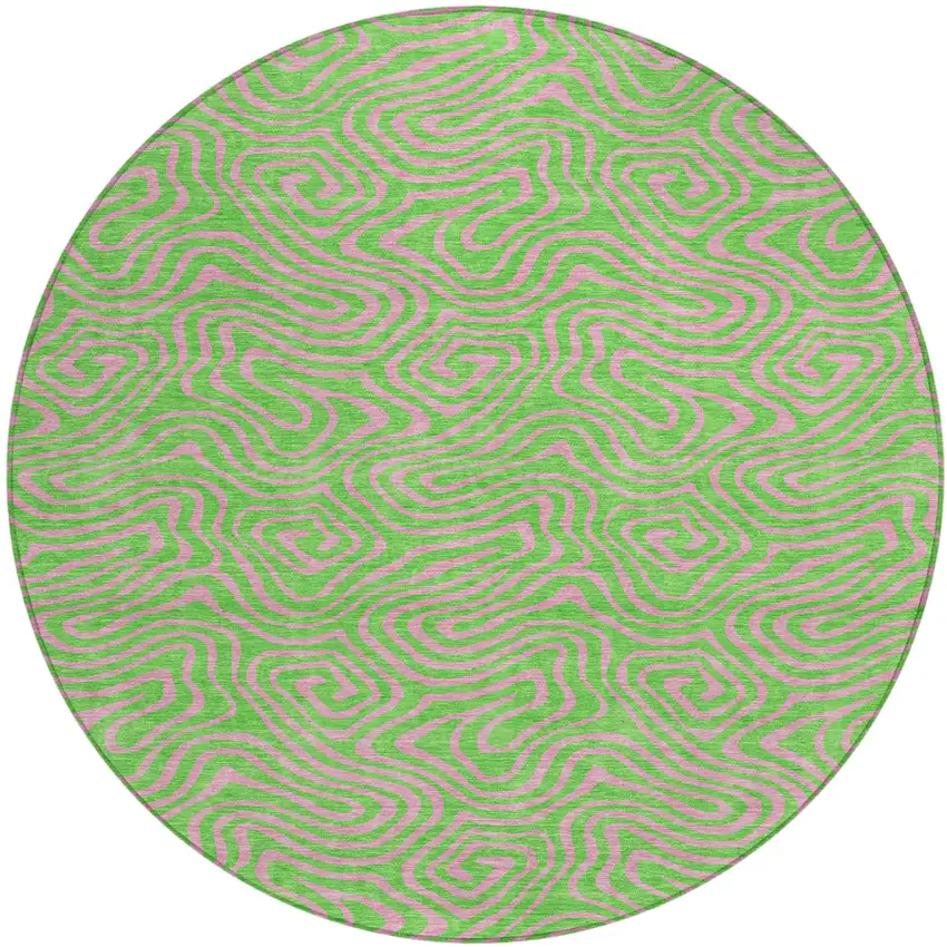 8' Lime Green And Pink Round Abstract Washable Indoor Outdoor Area Rug Photo 2