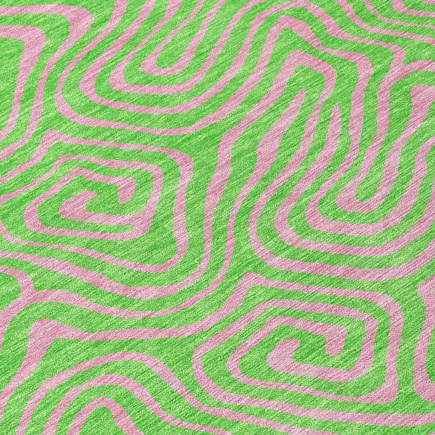 8' Lime Green And Pink Round Abstract Washable Indoor Outdoor Area Rug Photo 8