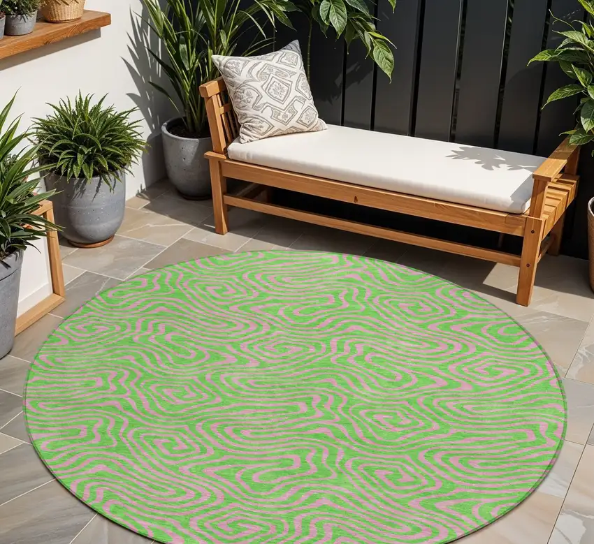 8' Lime Green And Pink Round Abstract Washable Indoor Outdoor Area Rug Photo 1