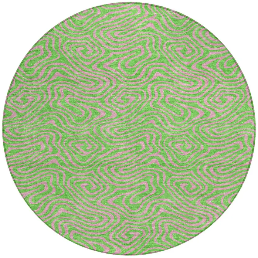 8' Lime Green And Pink Round Abstract Washable Indoor Outdoor Area Rug Photo 4