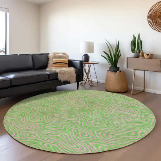8' Lime Green And Pink Round Abstract Washable Indoor Outdoor Area Rug Photo 7