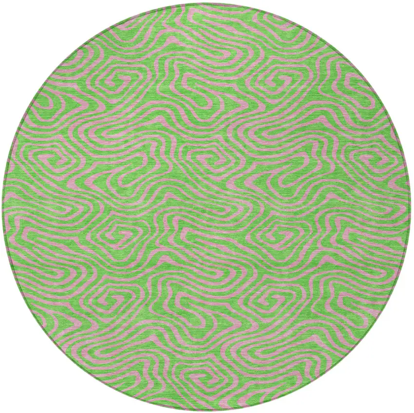8' Lime Green And Pink Round Abstract Washable Indoor Outdoor Area Rug Photo 5