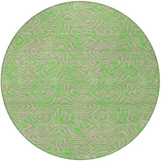 8' Lime Green And Pink Round Abstract Washable Indoor Outdoor Area Rug Photo 5