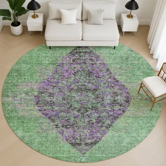 8' Lime Green And Purple Medallion Washable Round Rug With UV Protection Photo 5
