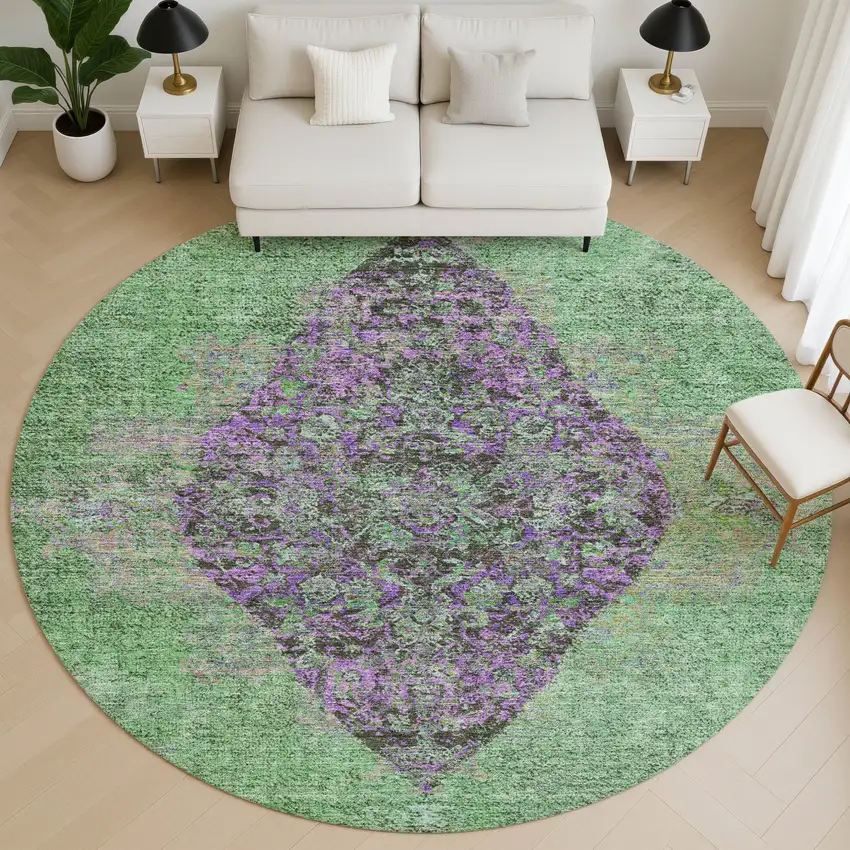 8' Lime Green And Purple Medallion Washable Round Rug With UV Protection Photo 5