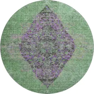 Photo of 8' Lime Green And Purple Medallion Washable Round Rug With UV Protection