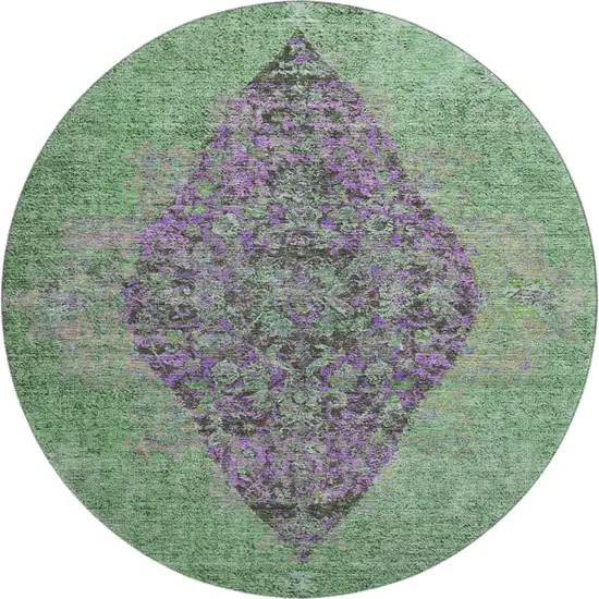 8' Lime Green And Purple Medallion Washable Round Rug With UV Protection Photo 1