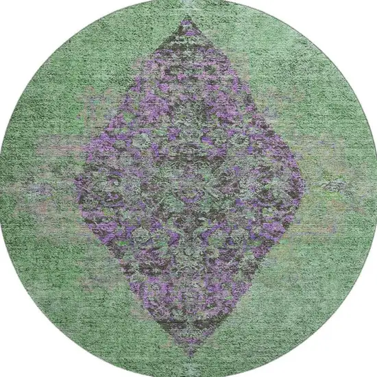 8' Lime Green And Purple Medallion Washable Round Rug With UV Protection Photo 4