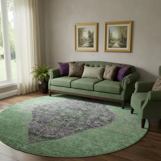 8' Lime Green And Purple Medallion Washable Round Rug With UV Protection Photo 2