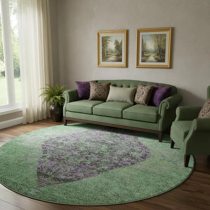 8' Lime Green And Purple Medallion Washable Round Rug With UV Protection Photo 2