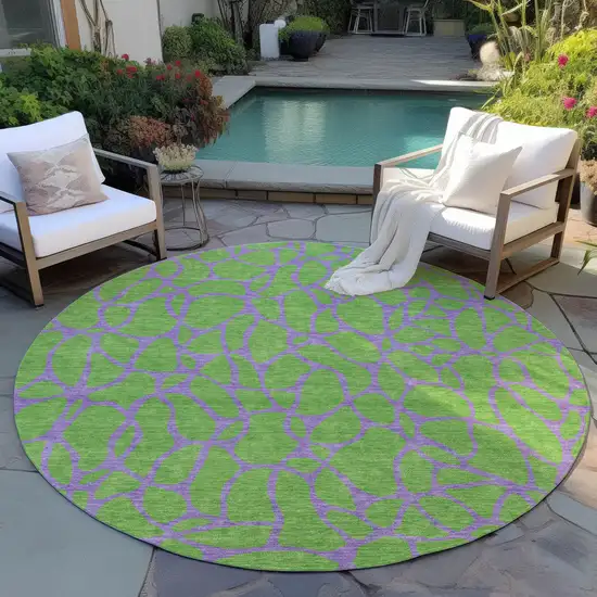 8' Lime Green And Purple Round Geometric Washable Indoor Outdoor Area Rug Photo 6