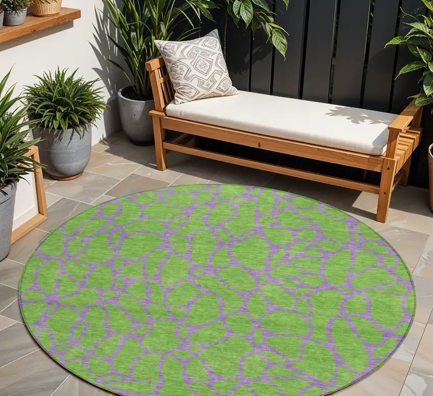 8' Lime Green And Purple Round Geometric Washable Indoor Outdoor Area Rug Photo 1