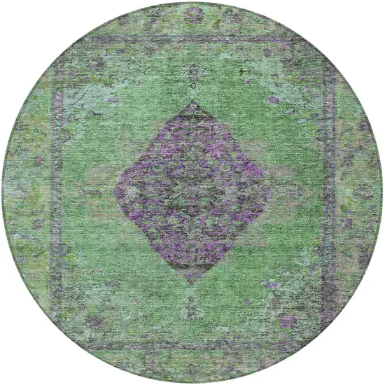 8' Lime Green And Purple Round Medallion Washable Indoor Outdoor Area Rug Photo 4